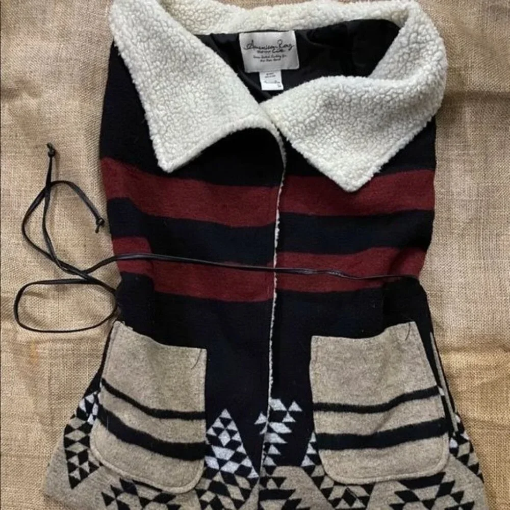 American Rag Cie Womens‎ Bohemian Vest Black Red Cream Tie Waist Size M